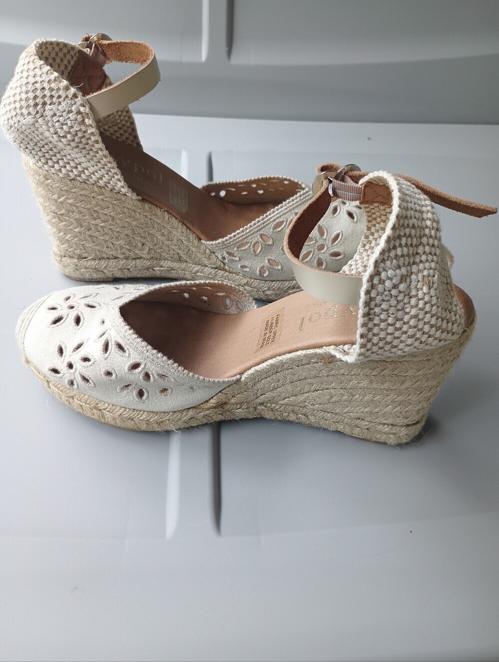 Cream-colored Maypol Beige Eyelet Canvas Espadrille Wedge Sandals Made in Spain - Picture 8 of 16